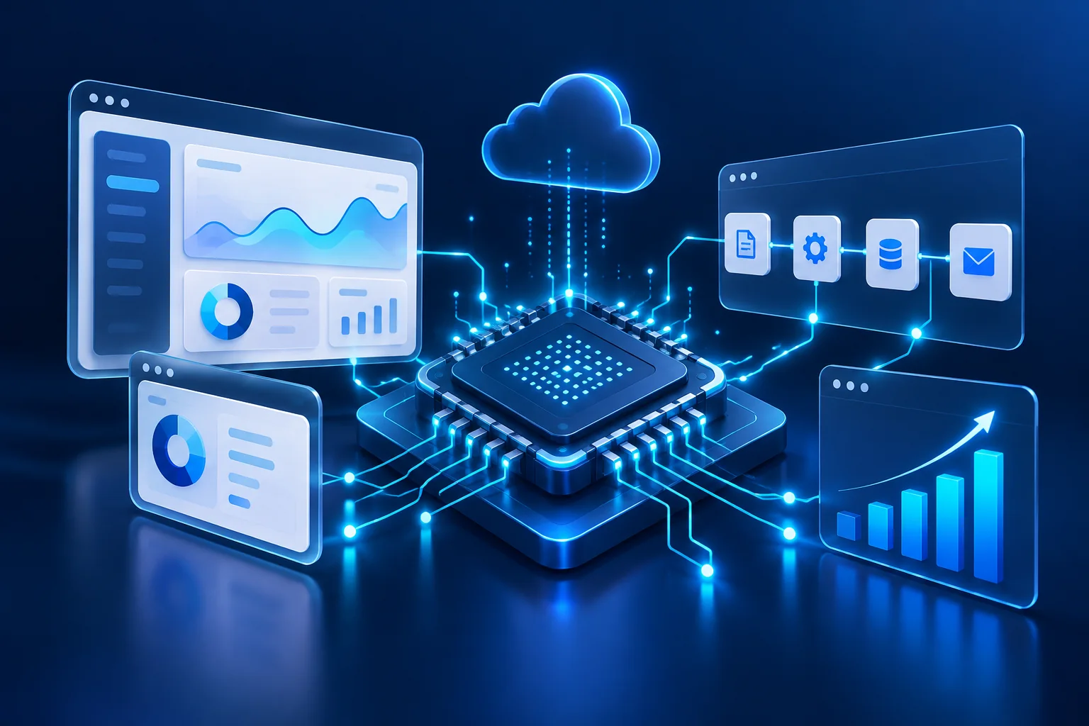 AI chip, connected workflows and digital business interface artwork